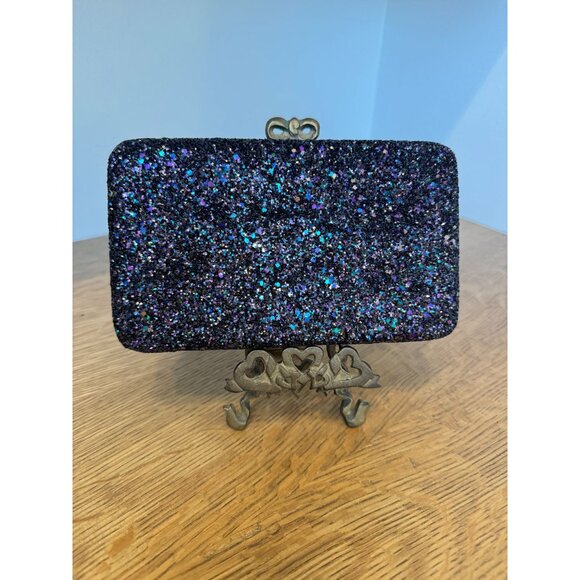 Black Glitter Evening Clutch Wallet With Card Slots & ID Window 8" x 4.5" x 1" - Picture 1 of 12